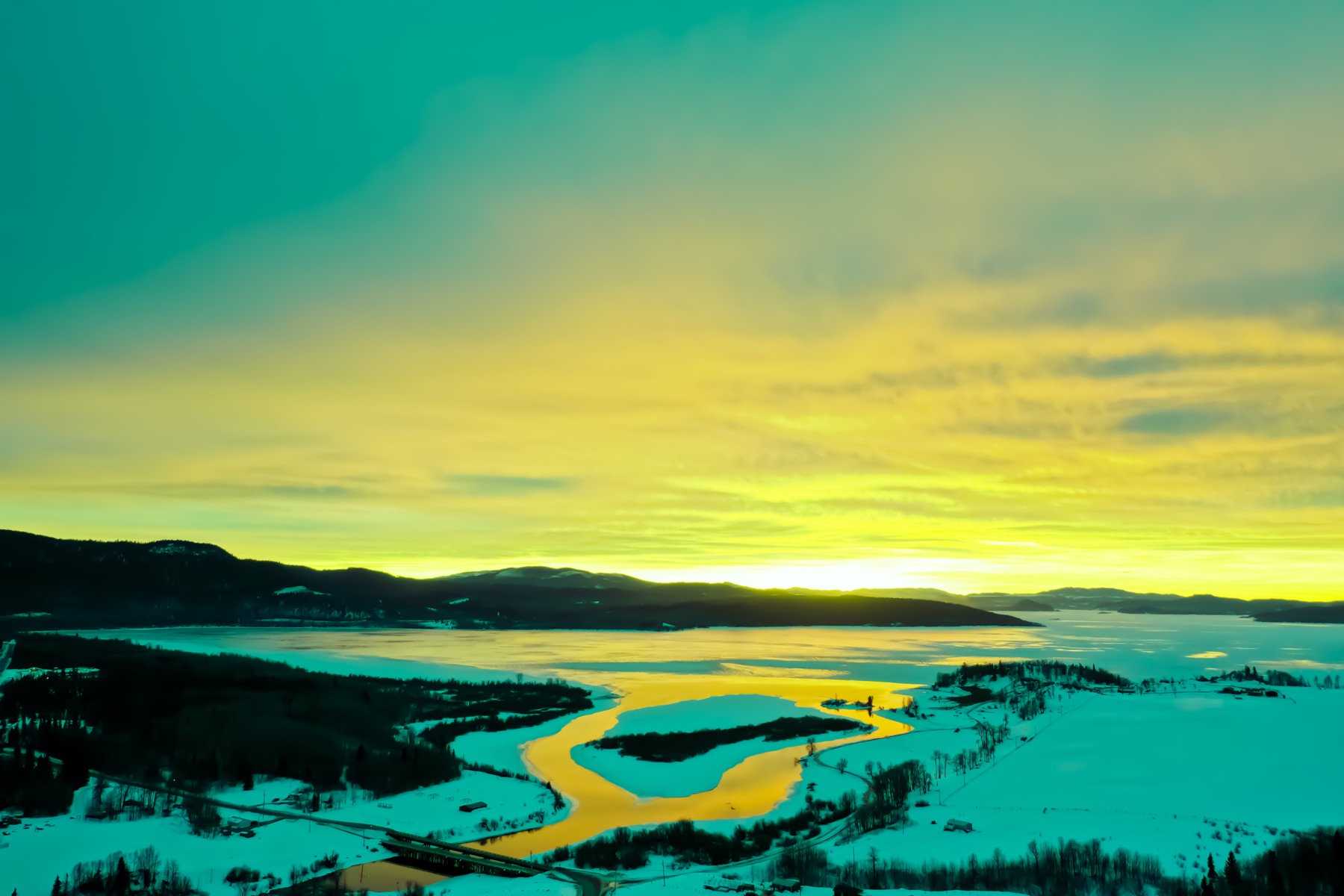 Sunset over a winding river
